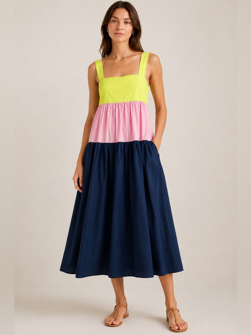 Paper London Colorblock Tiered Midi Dress 100% Cotton Pockets Size 10